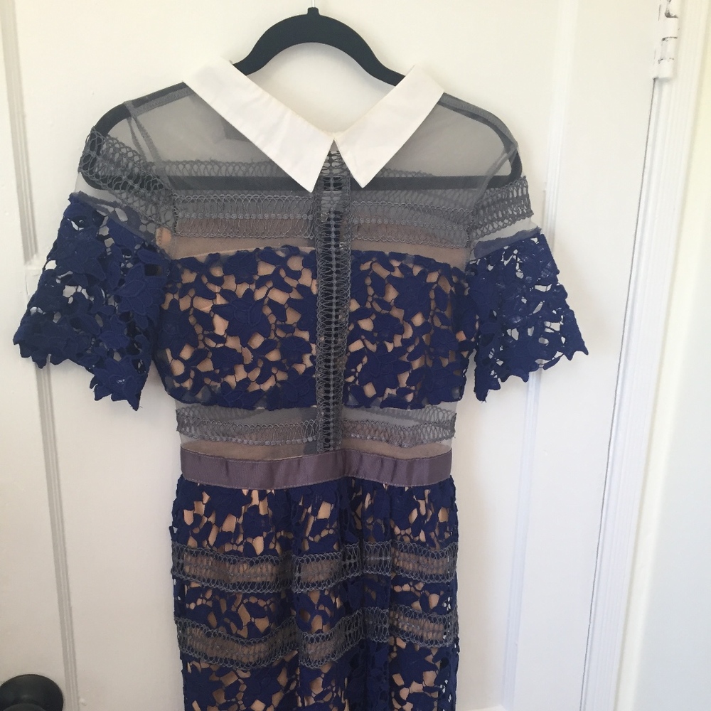 Blue/Gray Lace/Mesh dress with Collar, Size 2